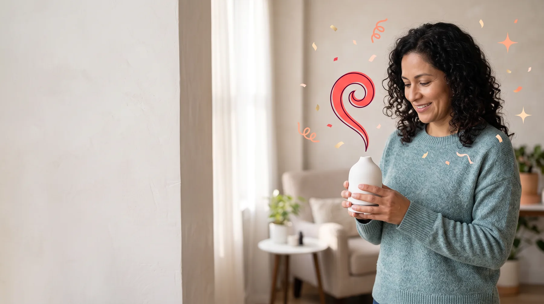 Woman in an office wellness room holding an essential oil diffuser