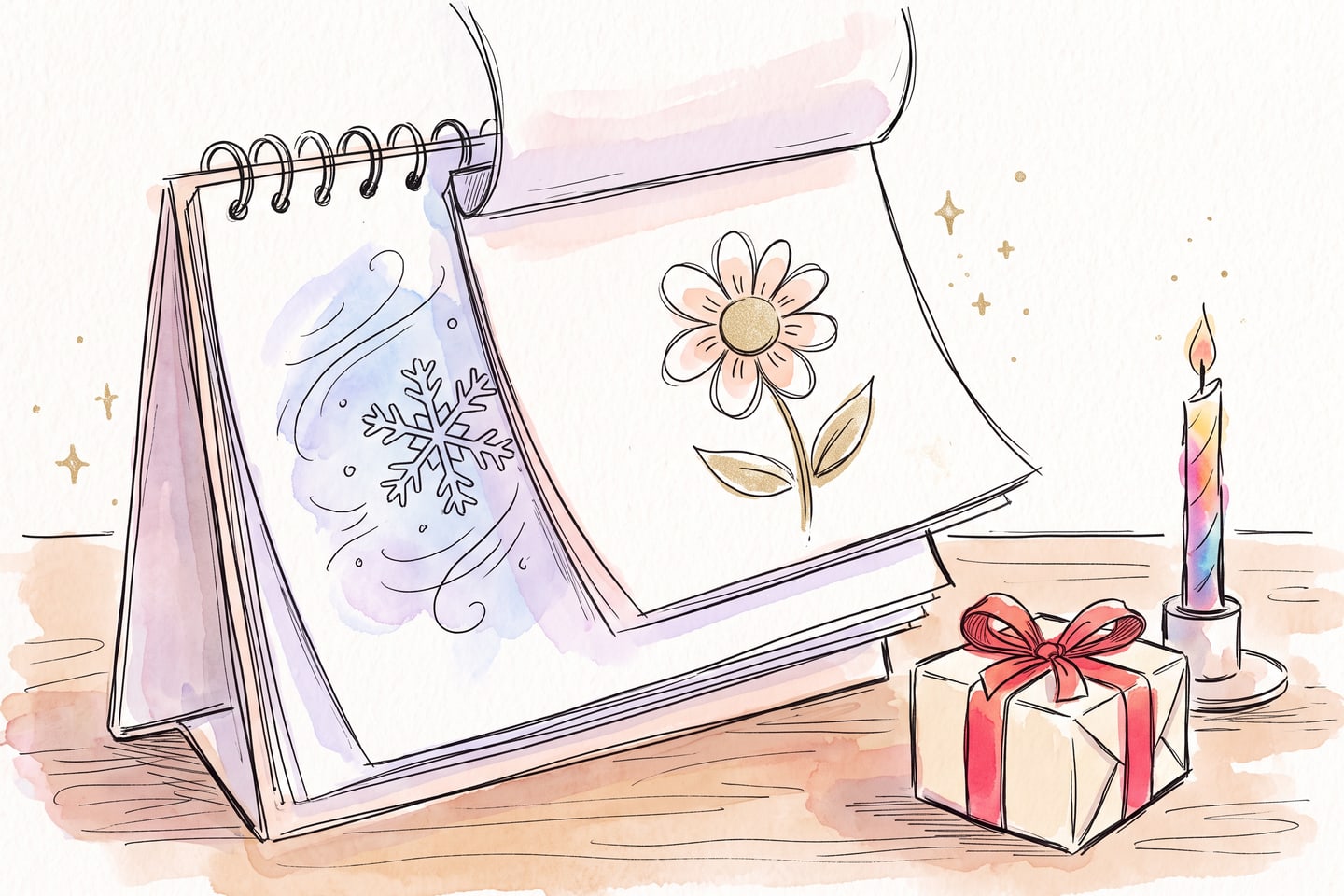 Watercolor sketch of calendar pages turning from winter to spring beside a small gift and a birthday candle