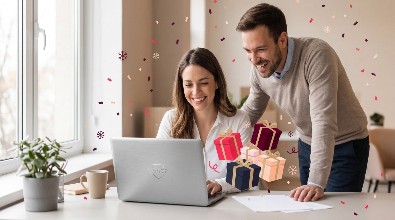 A People Operations lead and a colleague reviewing a grid of varied gift options on a laptop, both engaged