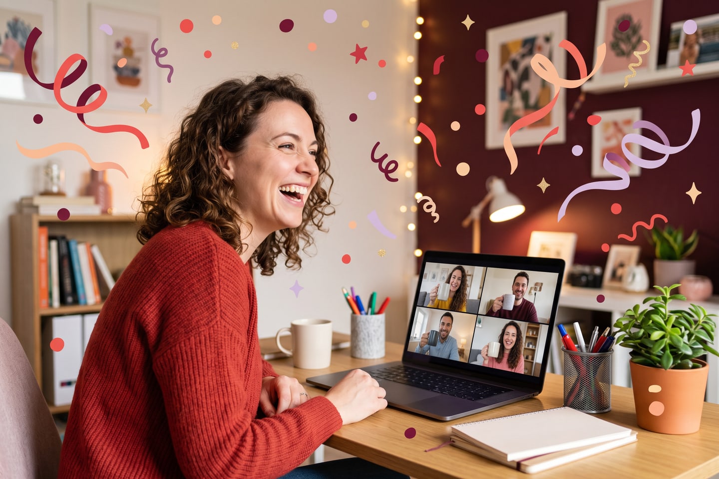 A remote employee laughing on a video call as colleagues raise mugs for their birthday