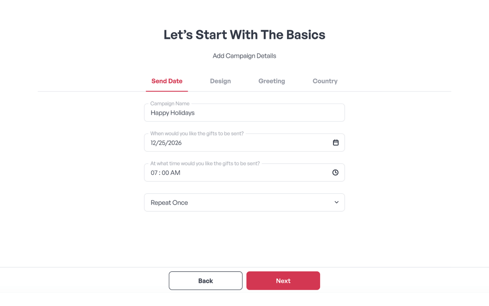 Scheduling a Happy Holidays campaign send in Gifted