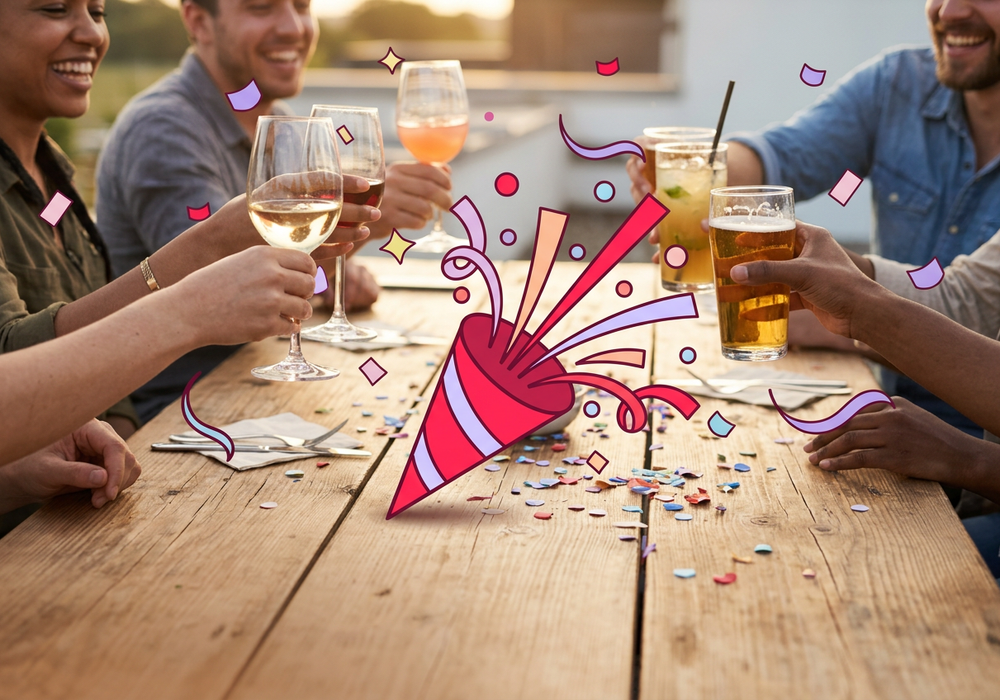 Friends and colleagues toasting at a golden-hour rooftop table with an illustrated party popper