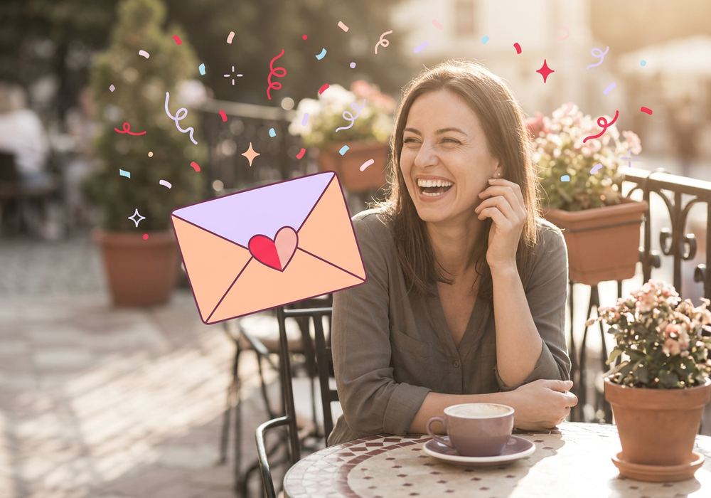 A woman at a sunny cafe table laughing with joy as an illustrated gift envelope floats beside her