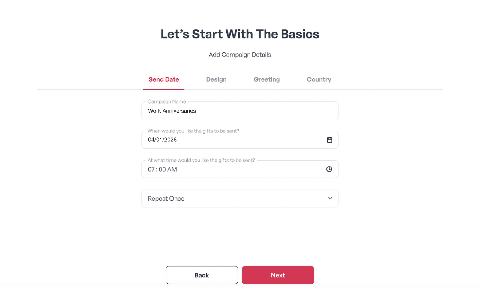 The Gifted campaign editor setting up an automated work anniversary campaign