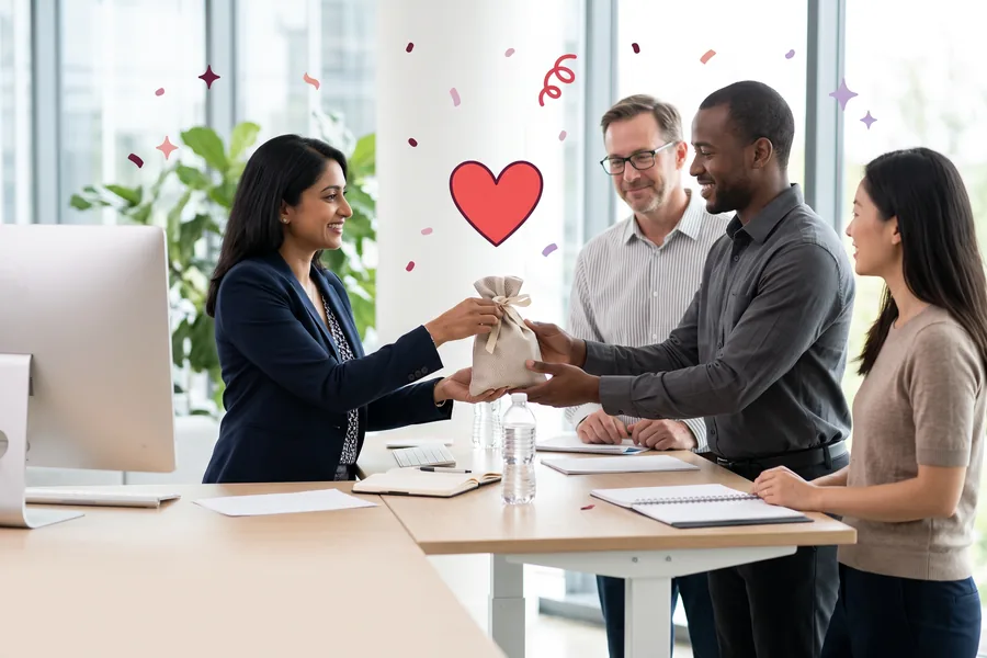 Coworker handing a colleague a small gift bag at a standing desk
