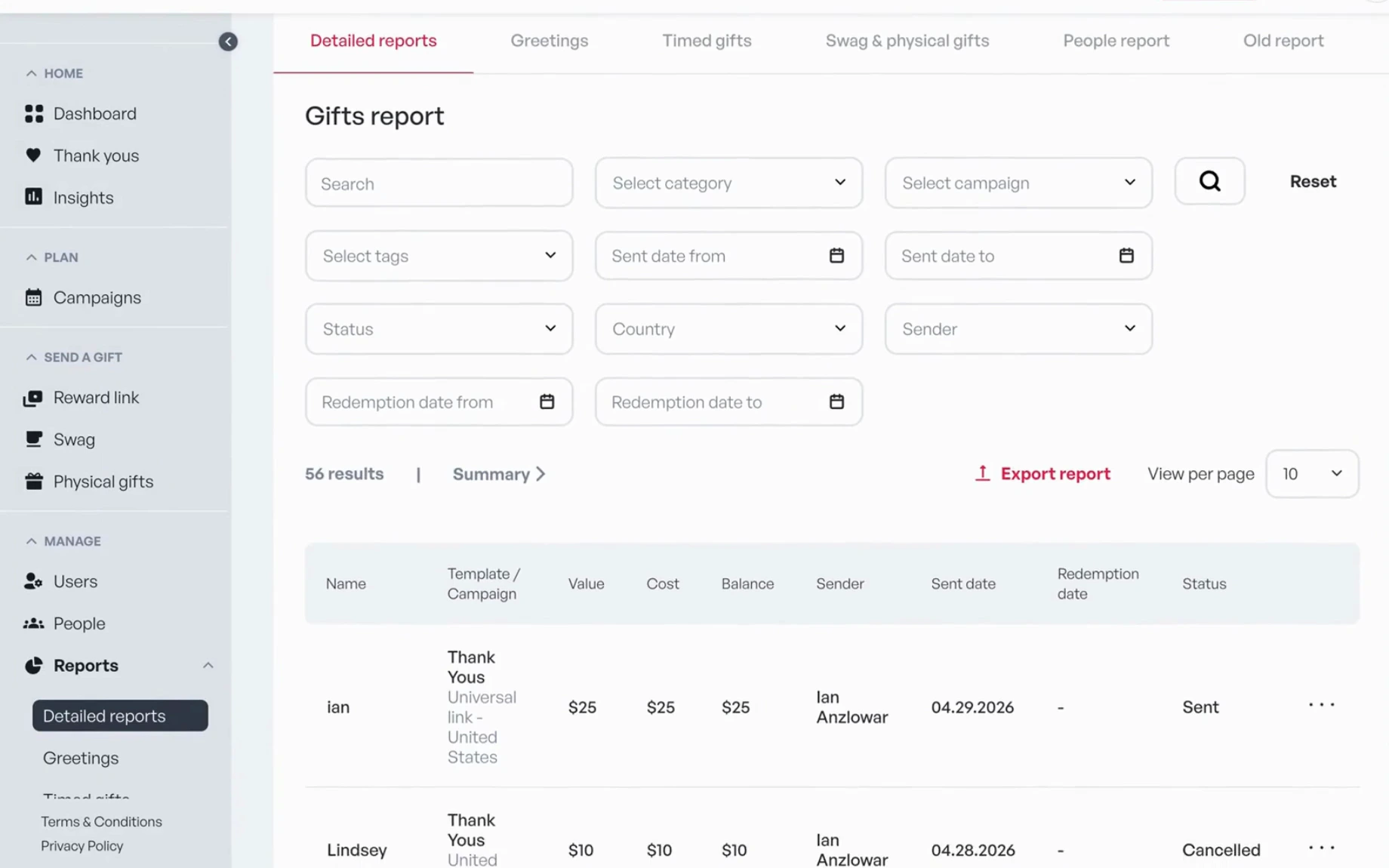 The gifts report: every gift sent, its status and an export button
