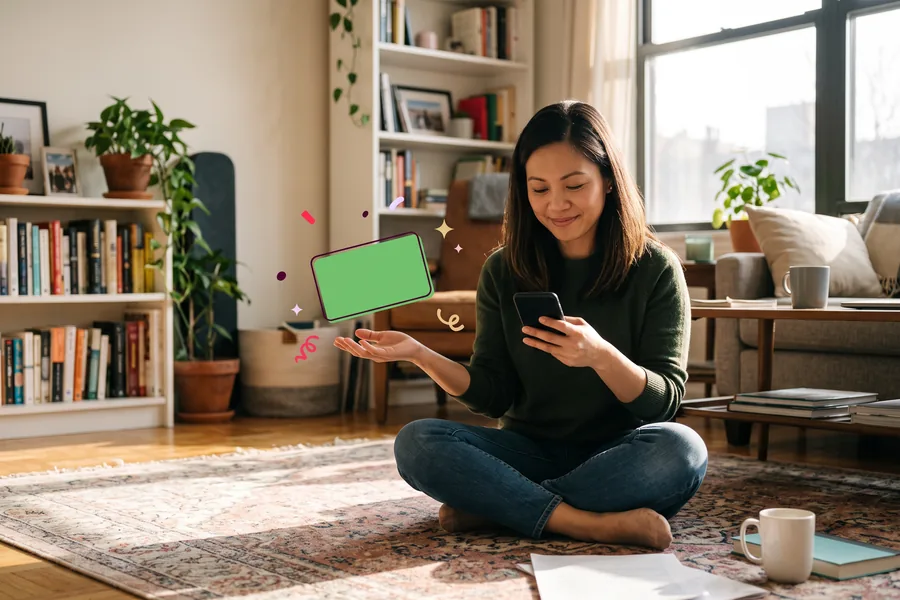 Woman sitting cross-legged on her apartment floor after work, phone in hand