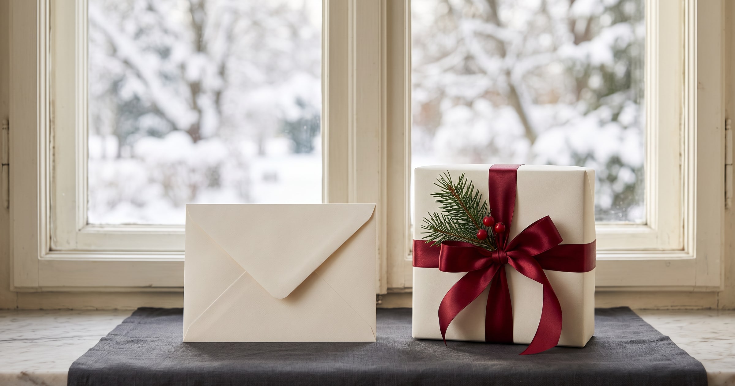 A plain envelope beside a beautifully wrapped gift on a winter windowsill