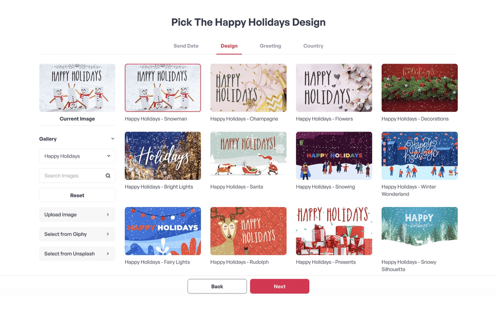Picking the Happy Holidays design in the Gifted platform