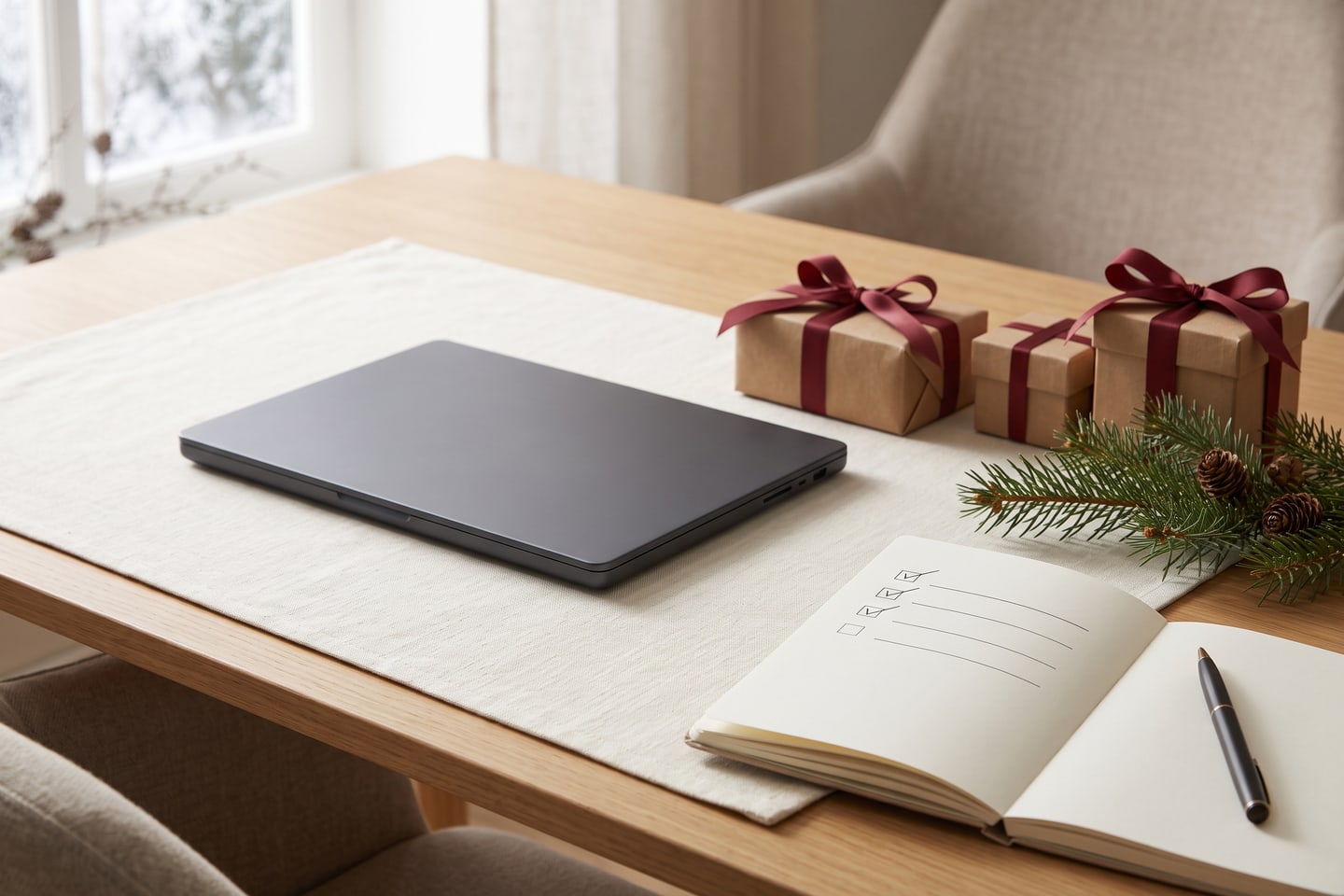 A calm desk in winter light with a laptop, neatly wrapped gifts, a pine sprig and a checklist notebook