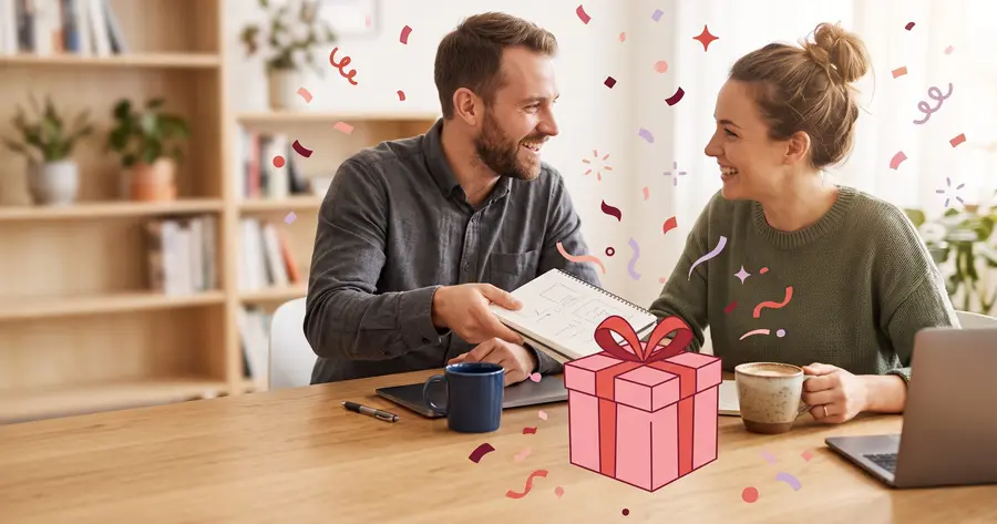 Two People Operations colleagues planning a birthday budget together over coffee in a bright office