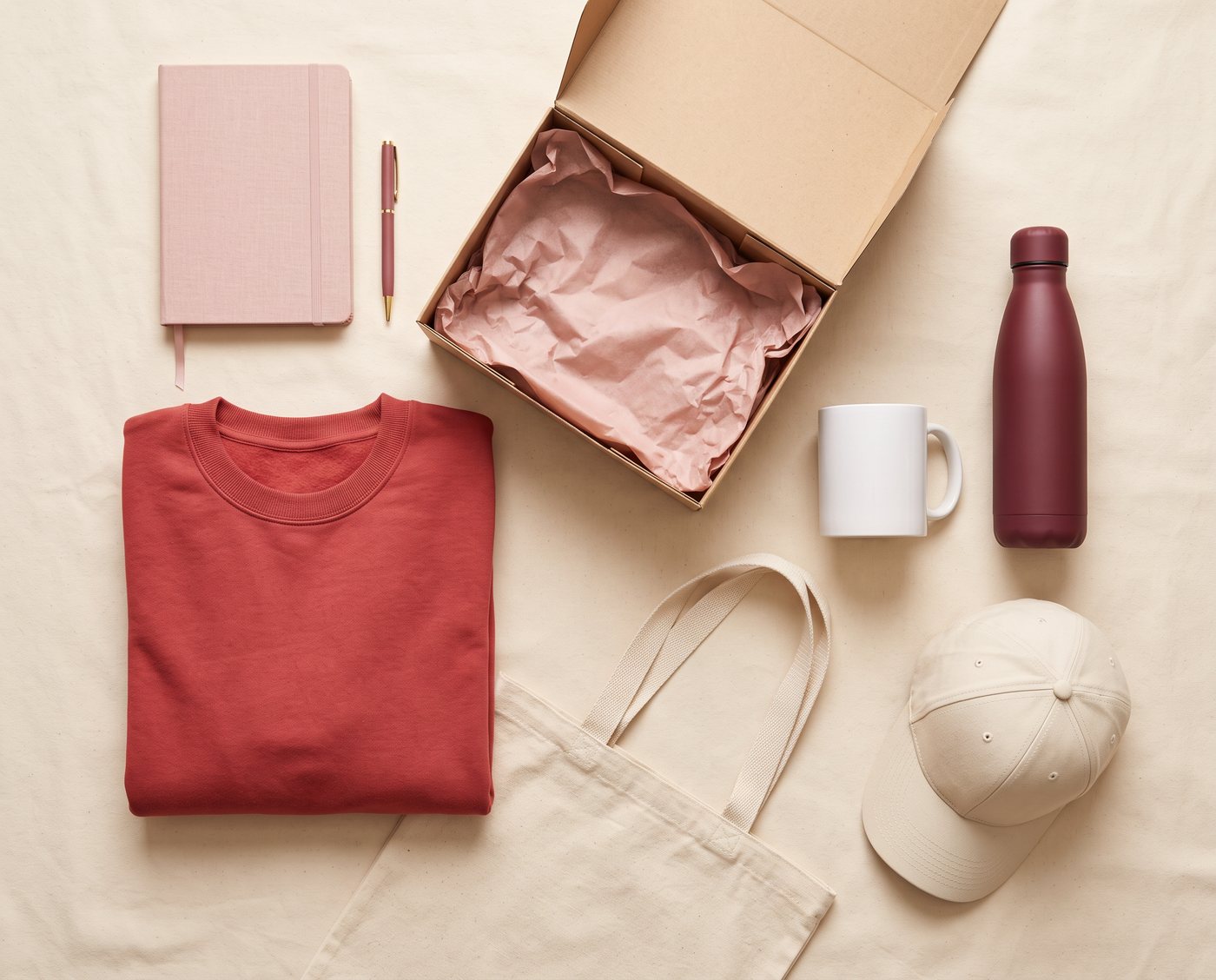 A flat lay of custom company swag in brand colors: sweatshirt, cap, water bottle, notebook, tote and an open gift box