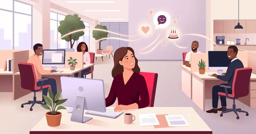 Illustration of an employee at her desk as small warm symbols drift toward her from colleagues around the office