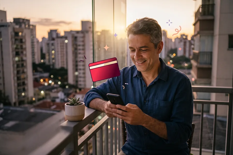 Man on a balcony at dusk choosing a gift card brand on his phone