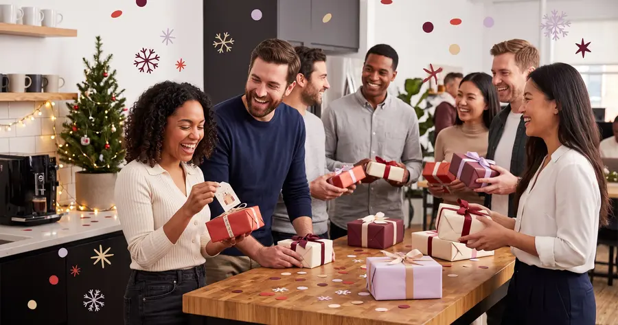 A team laughing together as they swap small wrapped gifts in a festive office kitchen
