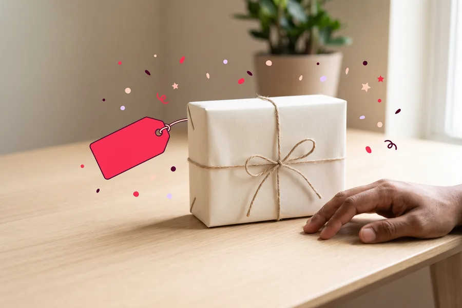A hand resting beside a single wrapped gift, with a blank price tag beside it