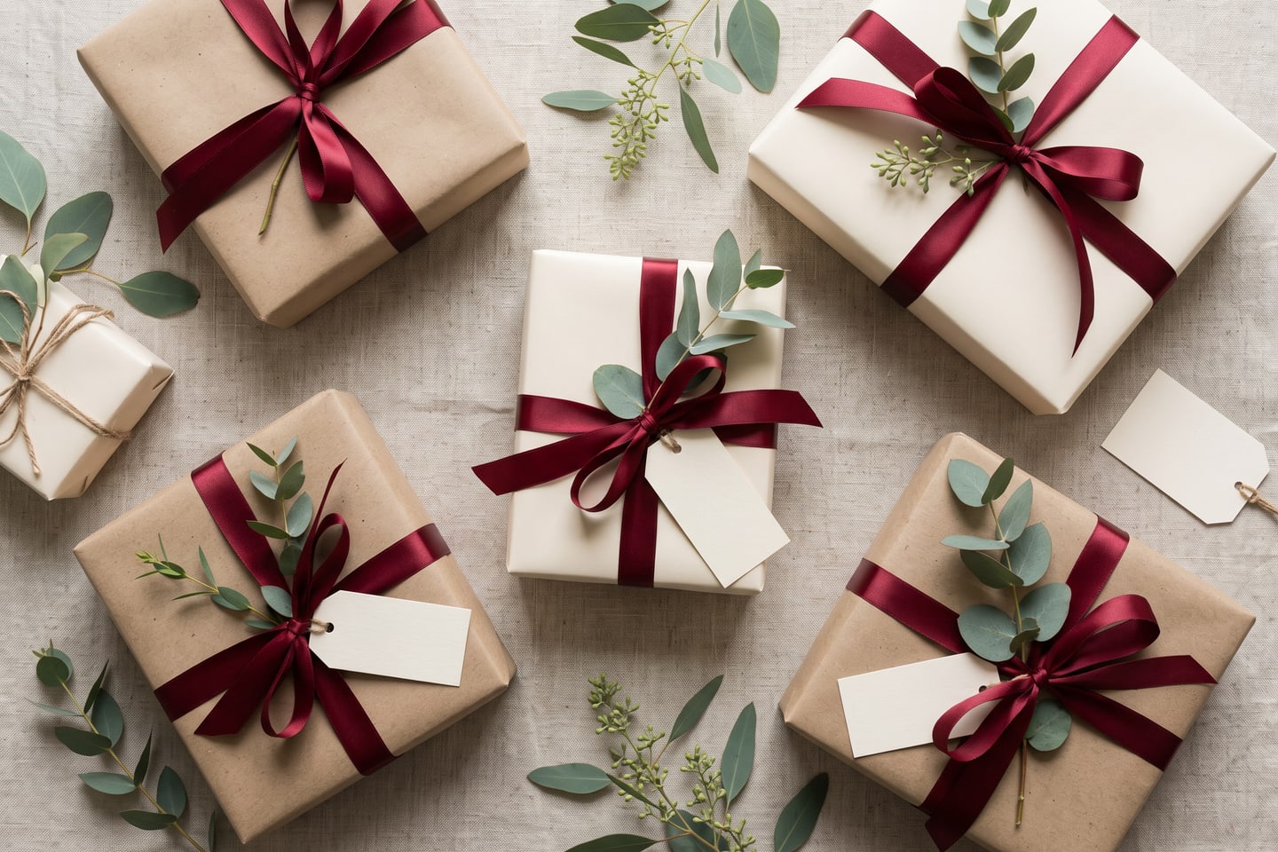 An elegant flat lay of gifts wrapped in kraft and cream paper with deep red ribbons and eucalyptus