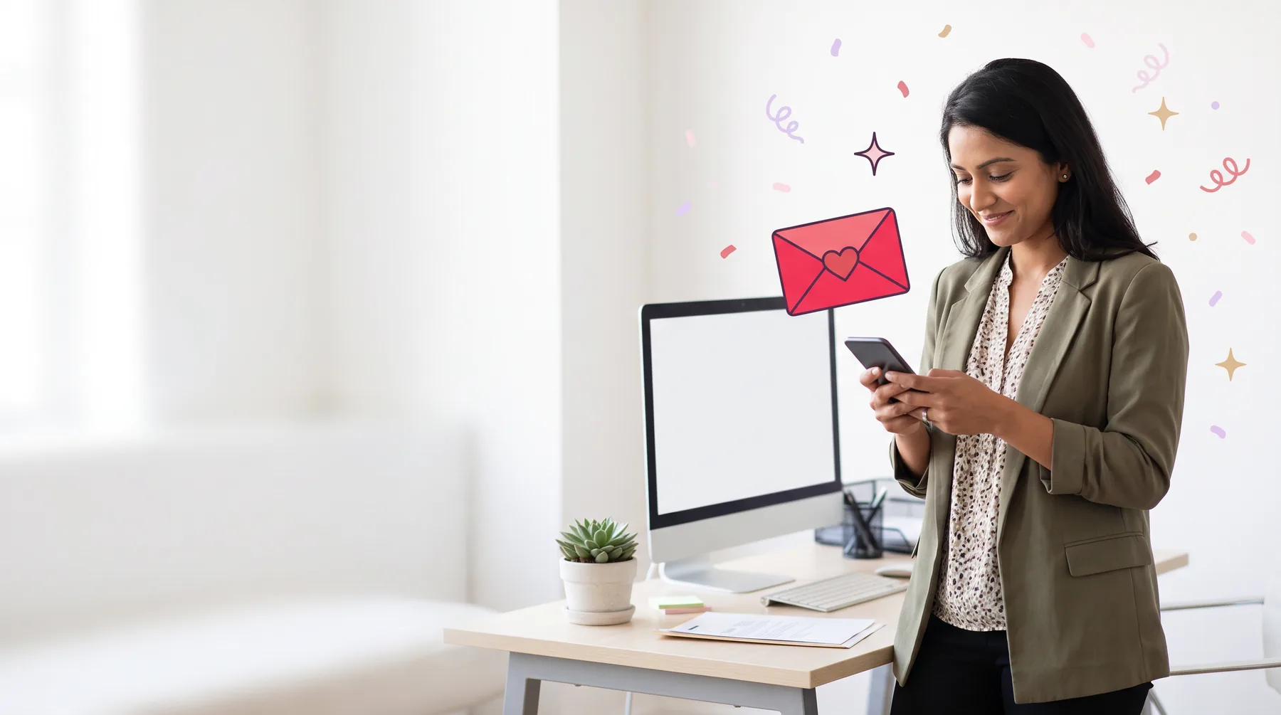 Woman at an office desk smiling at a note on her phone, a red envelope with a heart above it
