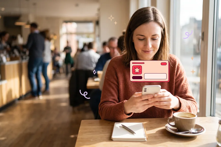 Woman at a cafe table looking at a reward card on her phone