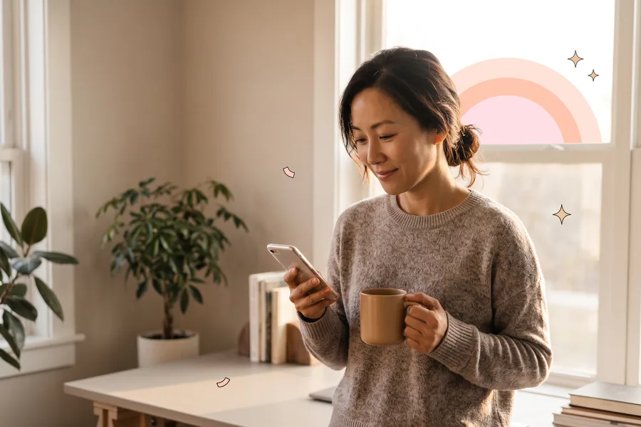 Woman in a home office at sunrise, holding a mug and reading her phone