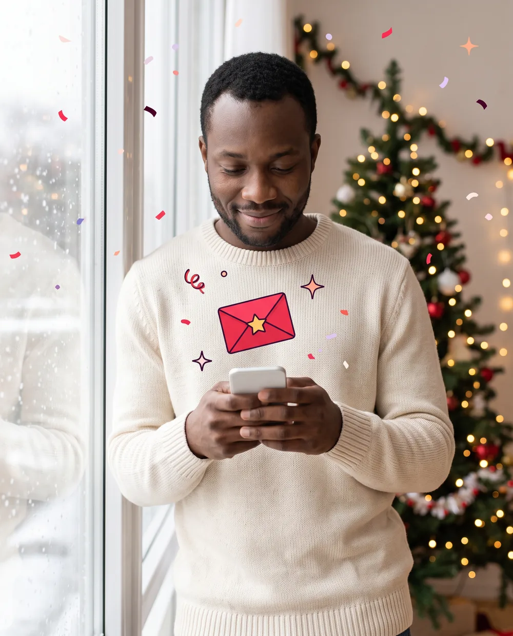 Man in a knit sweater by a frosted window and a lit Christmas tree, smiling at his phone