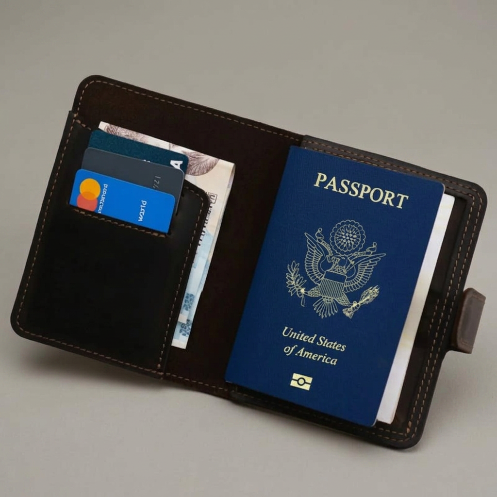 A leather passport wallet staged in a studio scene