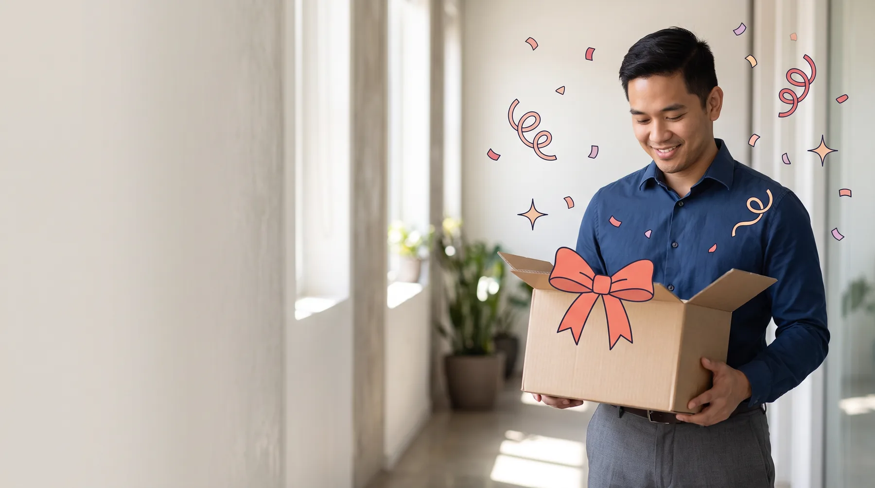 Man in a sunlit hallway holding a just-opened gift box against his chest