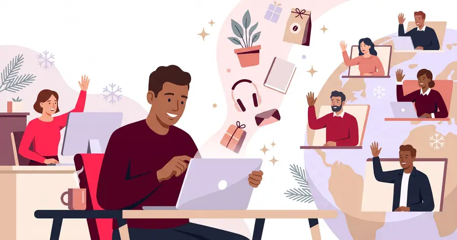 Illustration of varied gifts floating from a laptop to colleagues in different places around a stylized globe