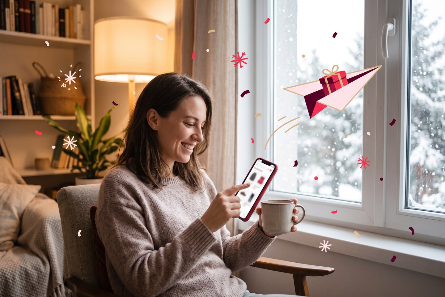 An employee by a snowy window smiling at her phone as a small illustrated paper plane carries a gift past the glass