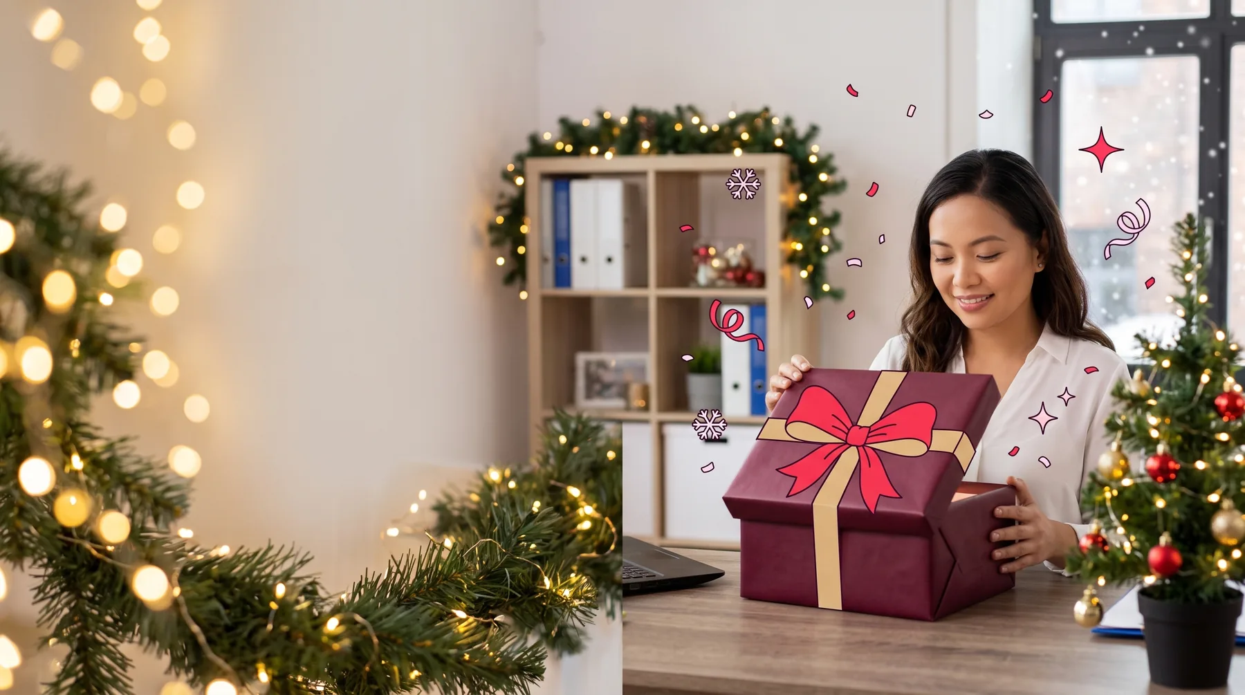 Woman at an office desk decorated for Christmas, lifting the lid of a red-wrapped gift box