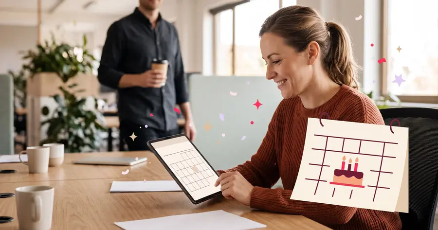 A People Operations lead checking an upcoming birthday on a tablet calendar in a bright office