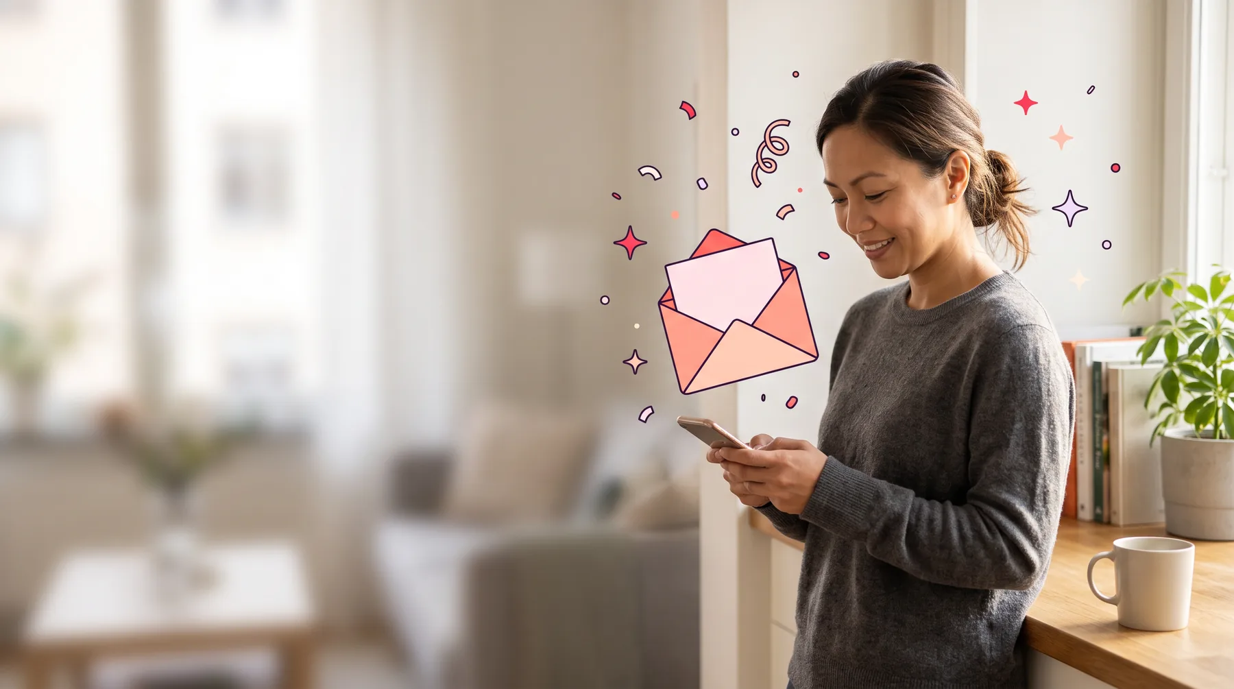 Woman at her kitchen counter in the morning, smiling at a gift link on her phone