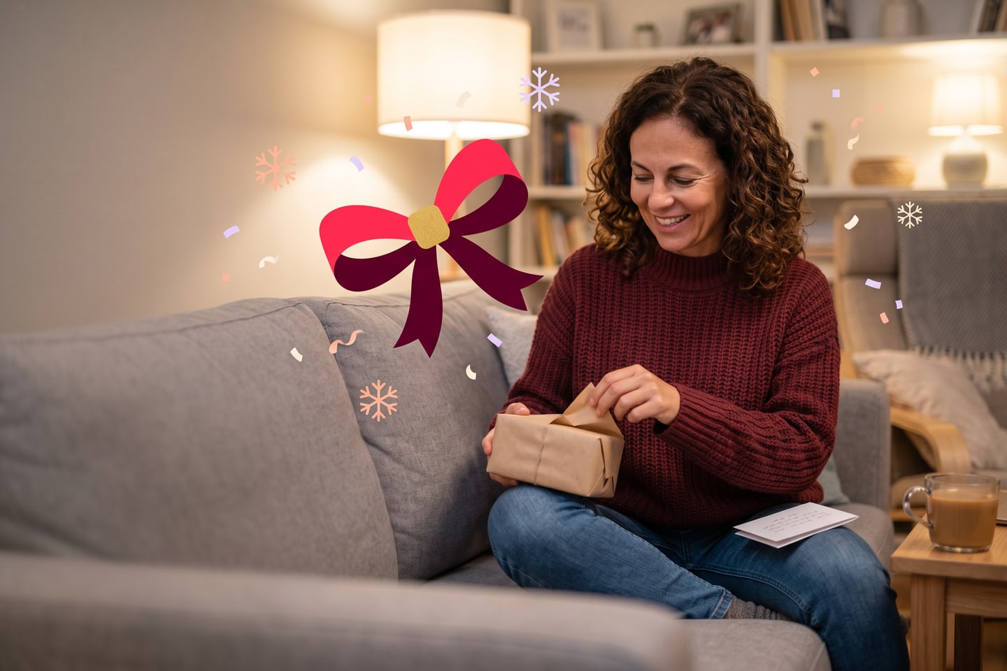 An employee at home laughing while unwrapping a small gift with a handwritten card