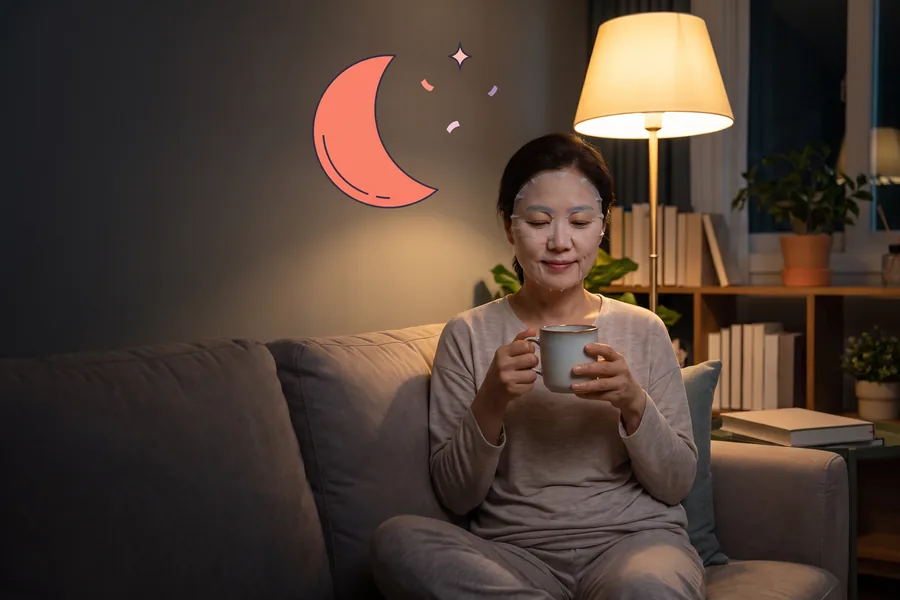 Woman on a sofa at night wearing a sheet mask and holding a mug